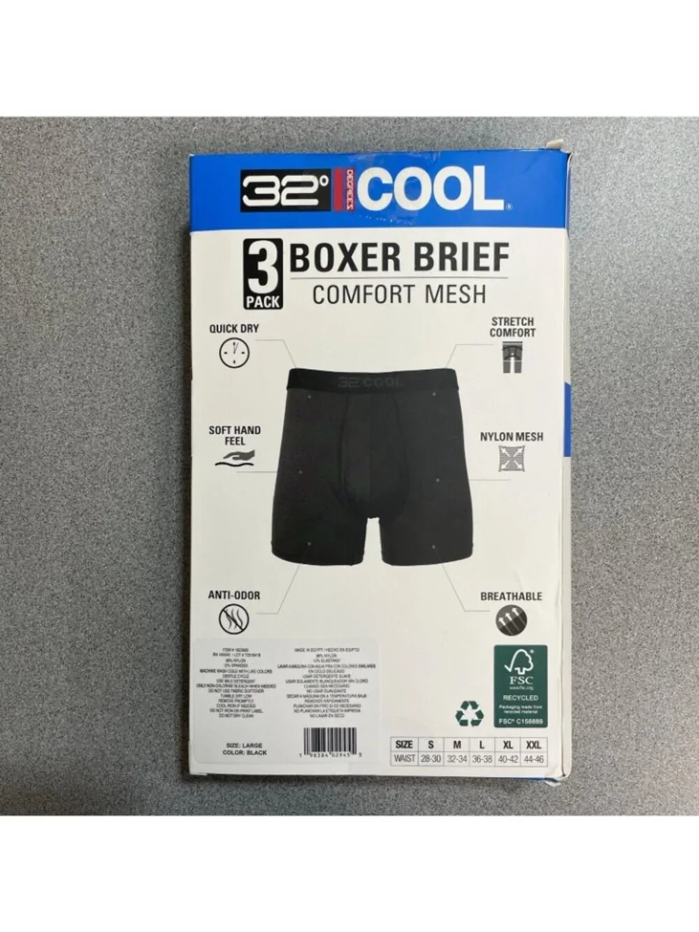 NWT 32 Degrees Cool Men's L 3-Pack Boxer Briefs Comfort Mesh Black C1386